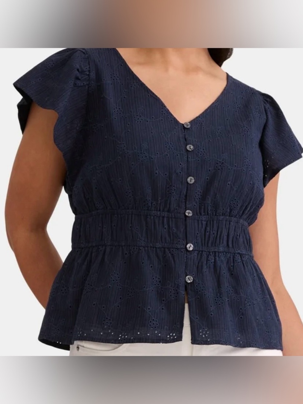Time & Tru Dark Blue Eyelet Peplum Top Ruffled Flutter Sleeves V-neck